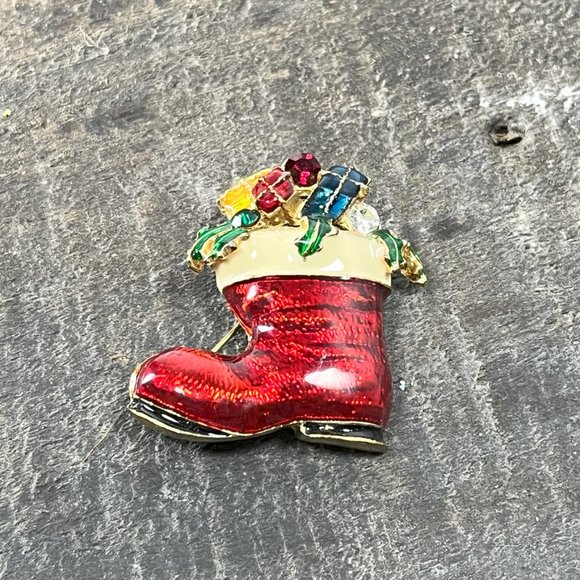 Vintage Jeweled Enamel Christmas Stocking Boot Gold tone Holiday Christmas - Picture 9 of 12